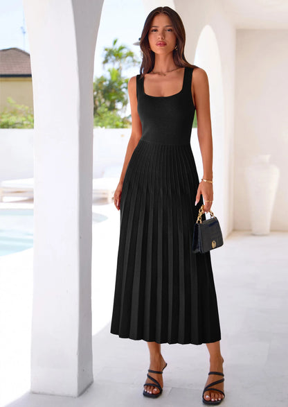 Robe mi-longue plissée en maille côtelée — col carré, sans manches, coupe trapèze fluide, élégante pour cocktail et soirée