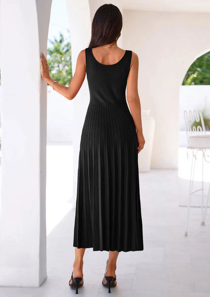 Robe mi-longue plissée en maille côtelée — col carré, sans manches, coupe trapèze fluide, élégante pour cocktail et soirée