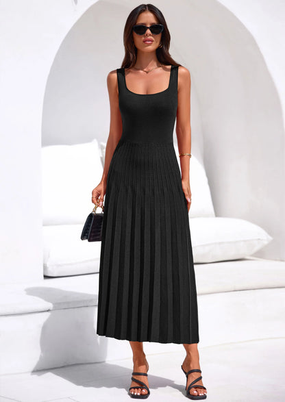 Robe mi-longue plissée en maille côtelée — col carré, sans manches, coupe trapèze fluide, élégante pour cocktail et soirée