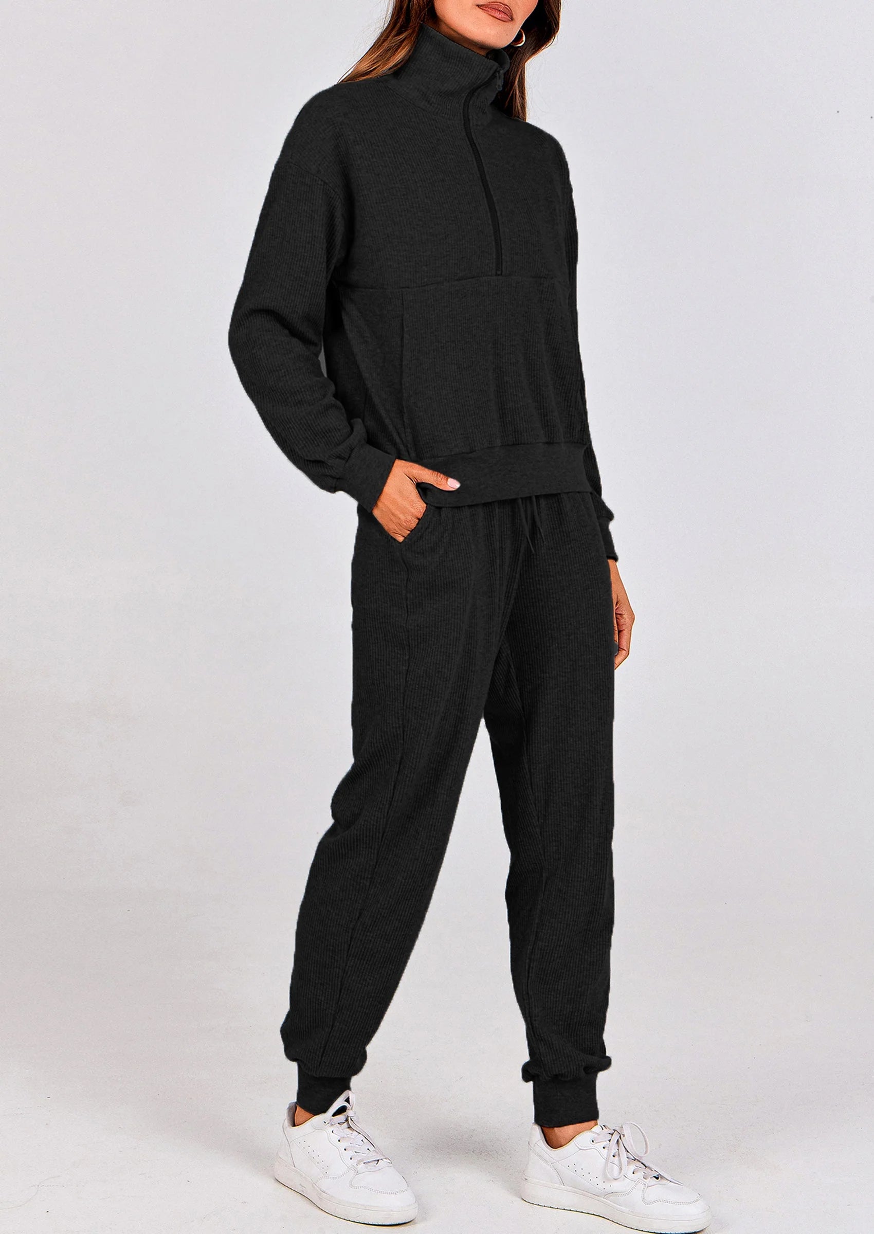 Ensemble 2 pièces cosy — sweat zippé + pantalon jogging assorti, survêtement parfait pour l'automne, l'hiver et les voyages