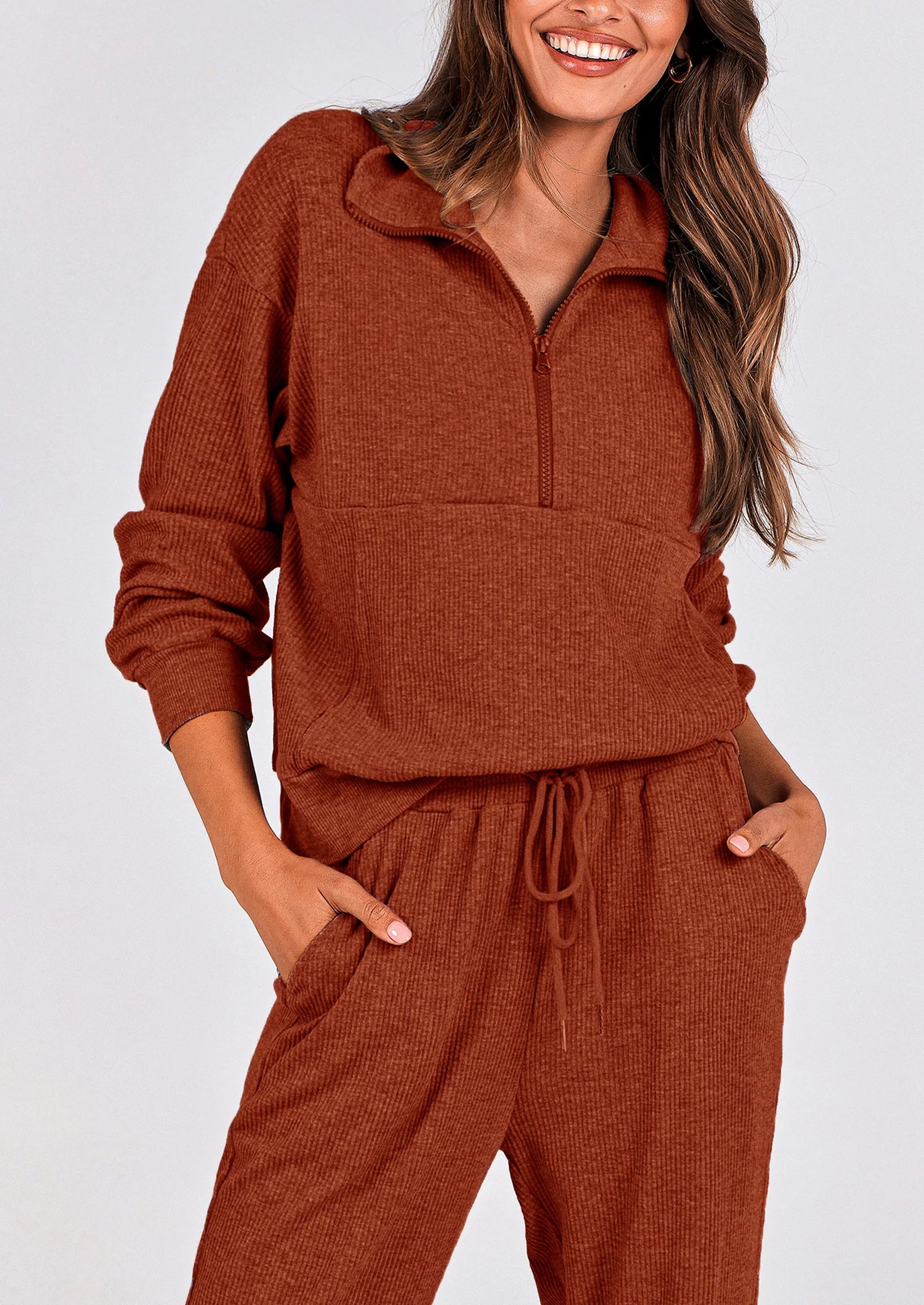 Ensemble 2 pièces cosy — sweat zippé + pantalon jogging assorti, survêtement parfait pour l'automne, l'hiver et les voyages