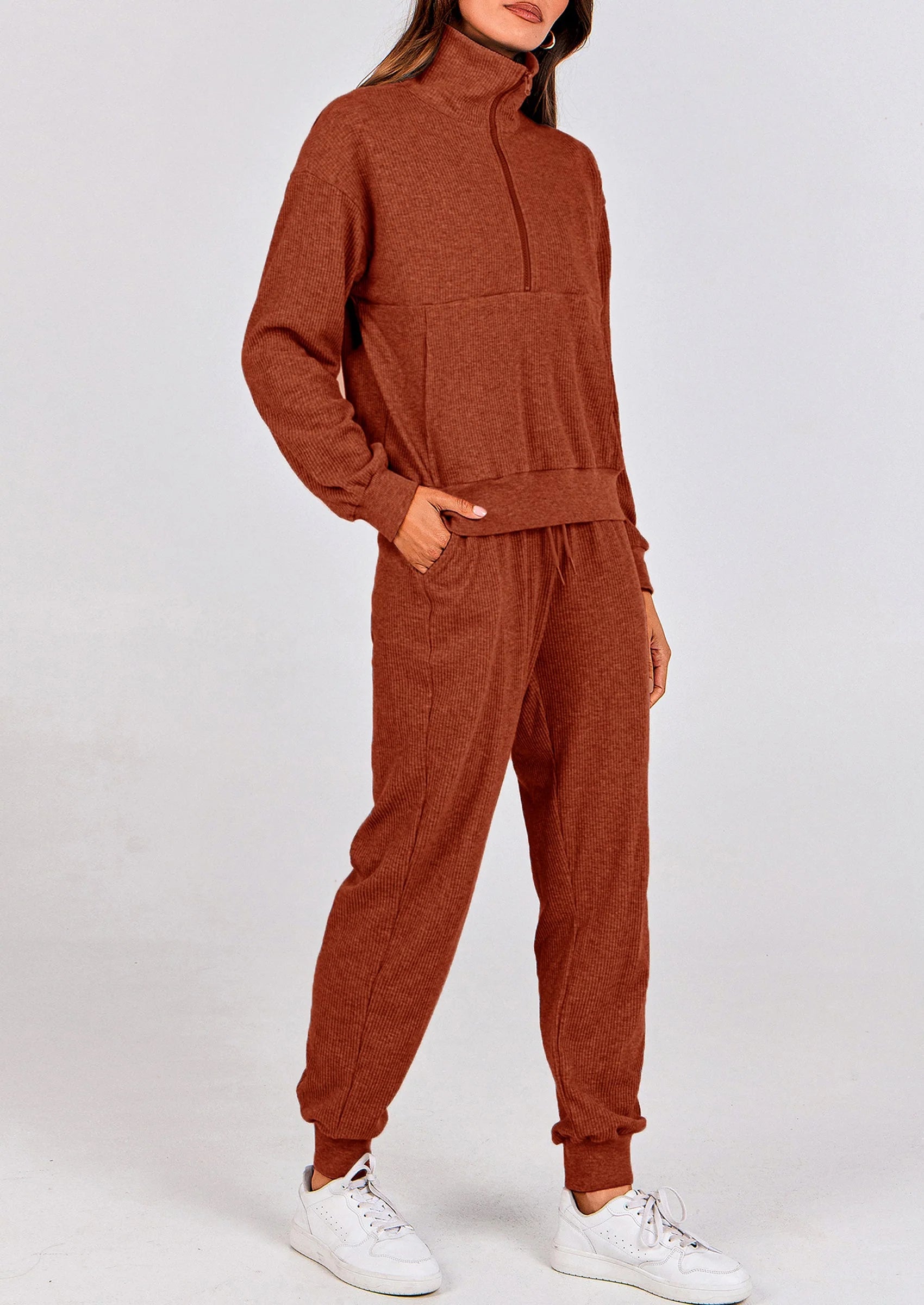 Ensemble 2 pièces cosy — sweat zippé + pantalon jogging assorti, survêtement parfait pour l'automne, l'hiver et les voyages