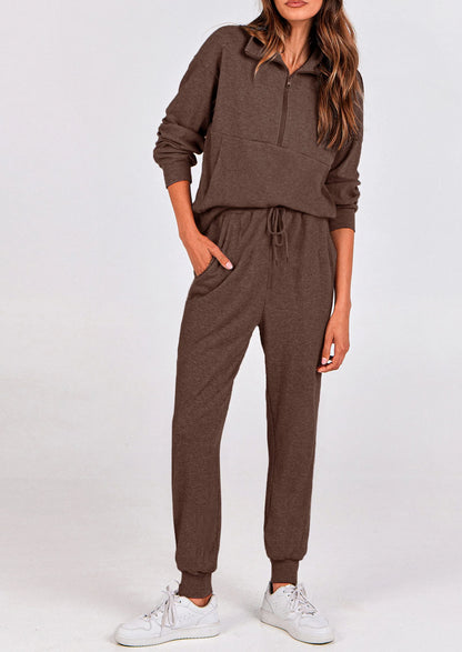 Ensemble 2 pièces cosy — sweat zippé + pantalon jogging assorti, survêtement parfait pour l'automne, l'hiver et les voyages