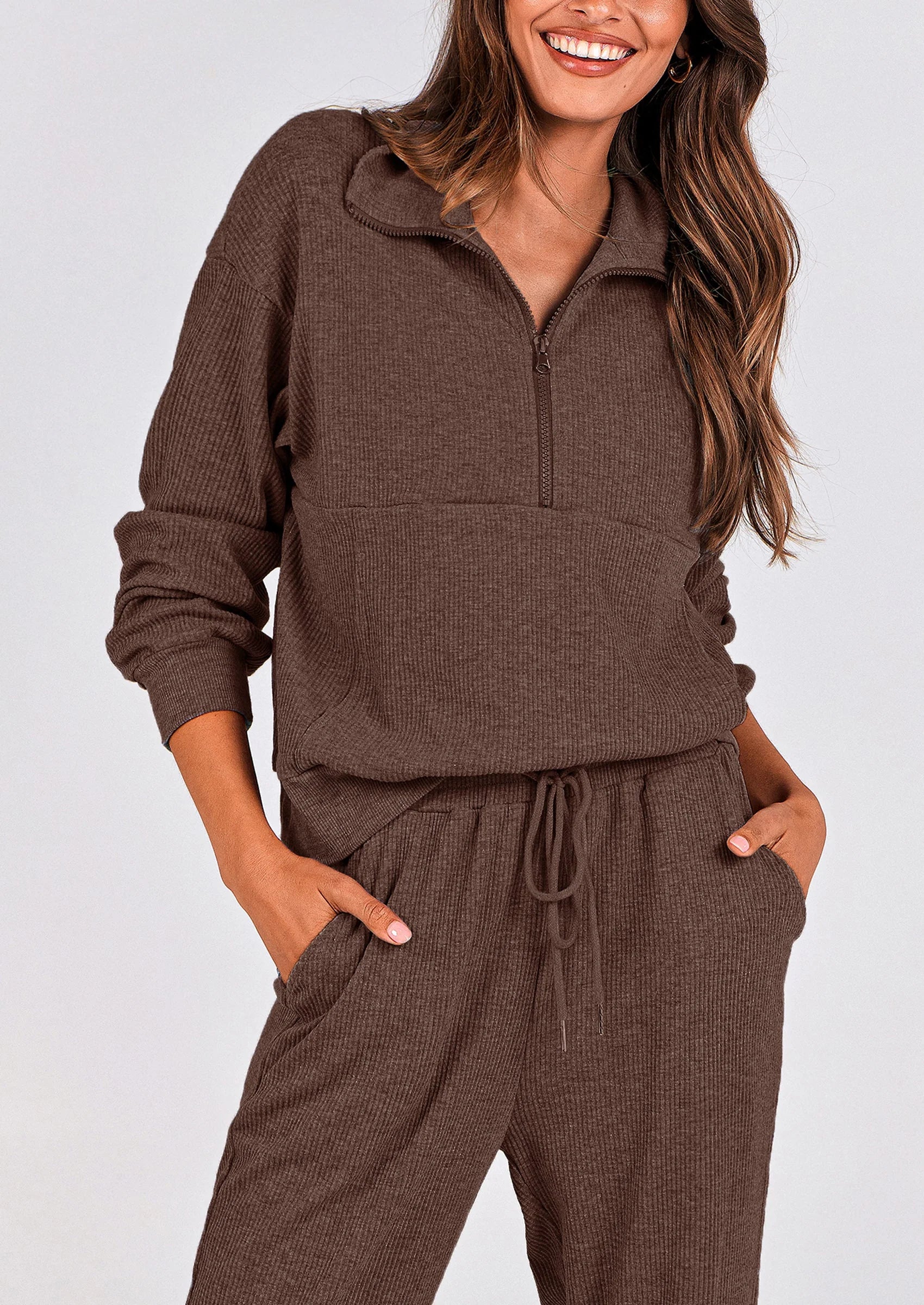 Ensemble 2 pièces cosy — sweat zippé + pantalon jogging assorti, survêtement parfait pour l'automne, l'hiver et les voyages