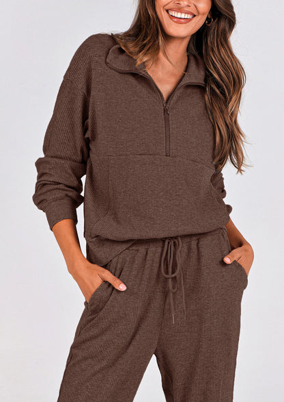 Ensemble 2 pièces cosy — sweat zippé + pantalon jogging assorti, survêtement parfait pour l'automne, l'hiver et les voyages