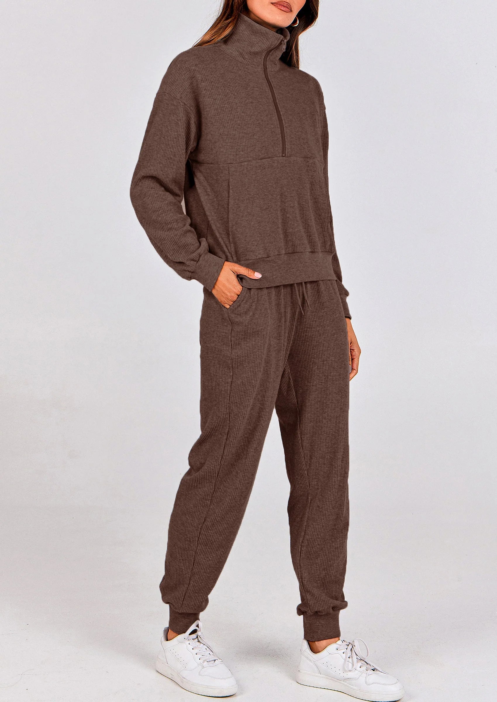Ensemble 2 pièces cosy — sweat zippé + pantalon jogging assorti, survêtement parfait pour l'automne, l'hiver et les voyages