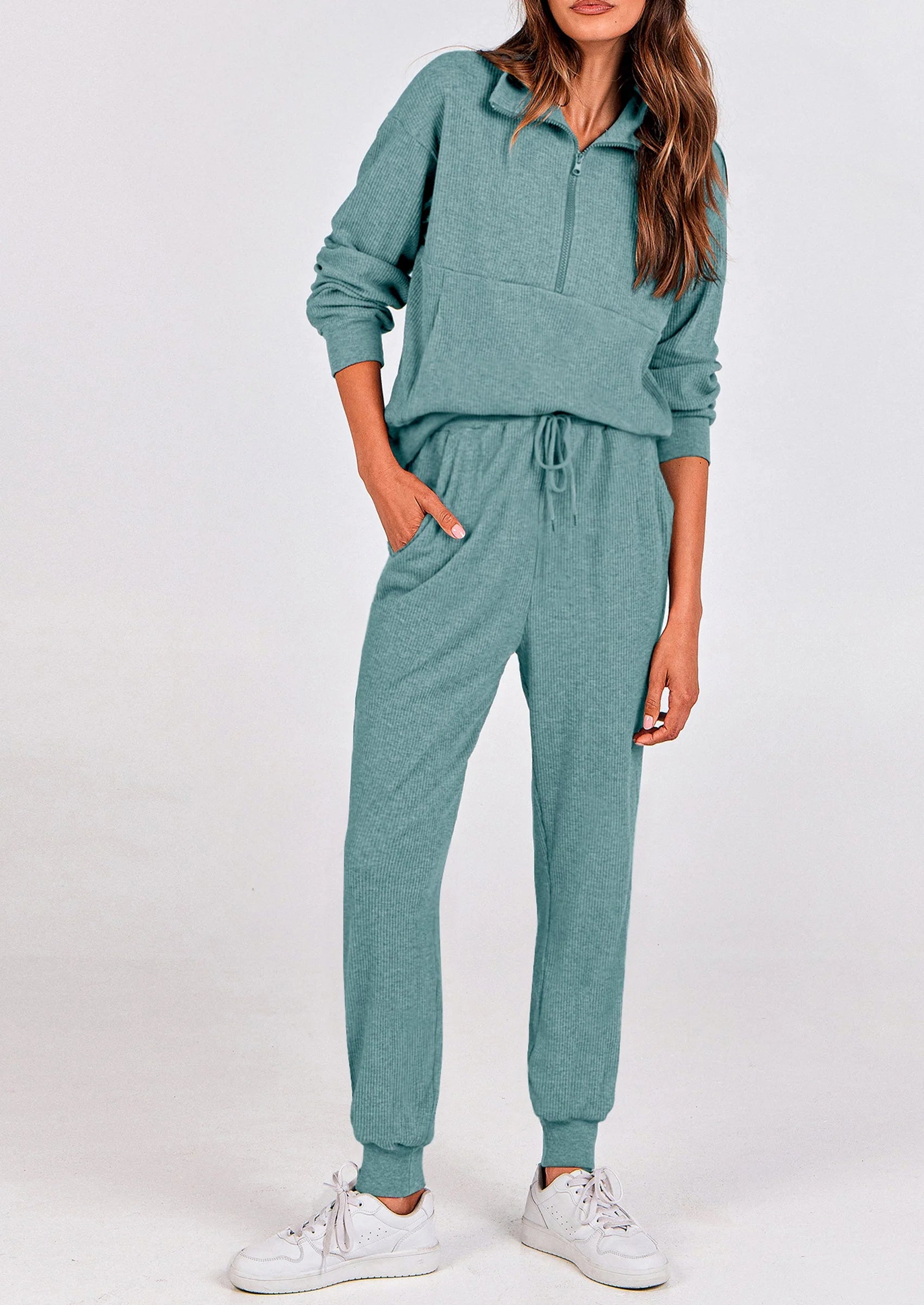 Ensemble 2 pièces cosy — sweat zippé + pantalon jogging assorti, survêtement parfait pour l'automne, l'hiver et les voyages