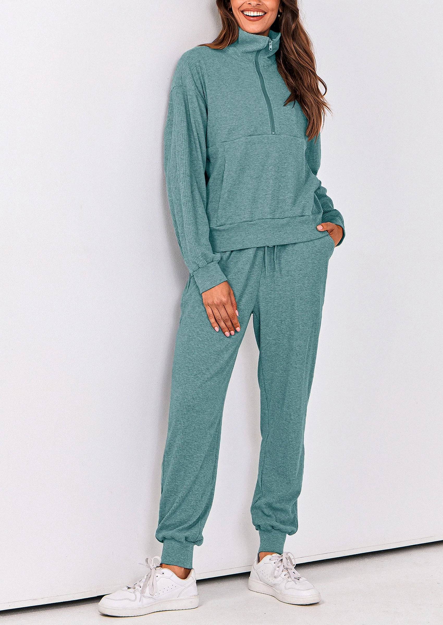 Ensemble 2 pièces cosy — sweat zippé + pantalon jogging assorti, survêtement parfait pour l'automne, l'hiver et les voyages