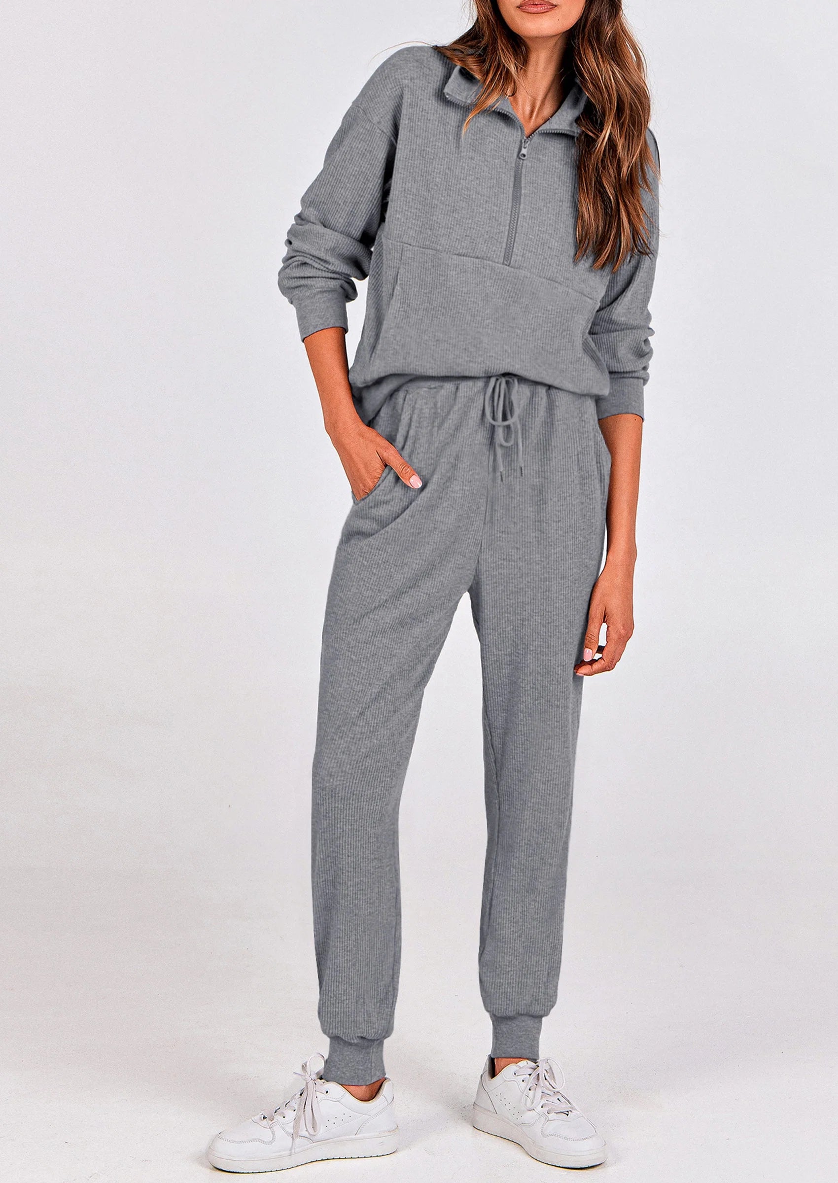 Ensemble 2 pièces cosy — sweat zippé + pantalon jogging assorti, survêtement parfait pour l'automne, l'hiver et les voyages