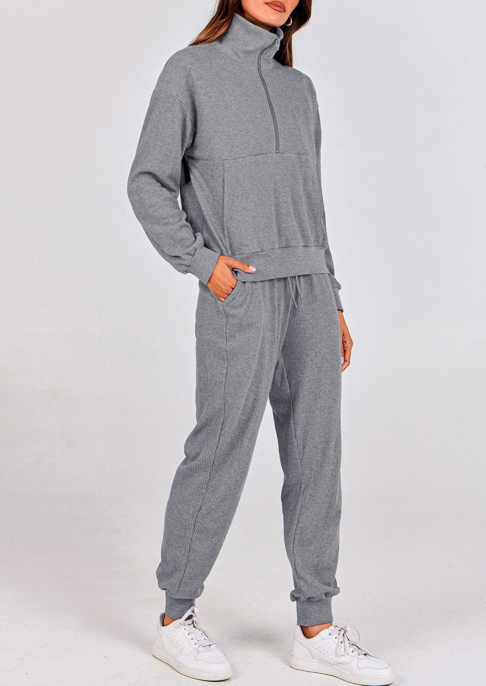 Ensemble 2 pièces cosy — sweat zippé + pantalon jogging assorti, survêtement parfait pour l'automne, l'hiver et les voyages
