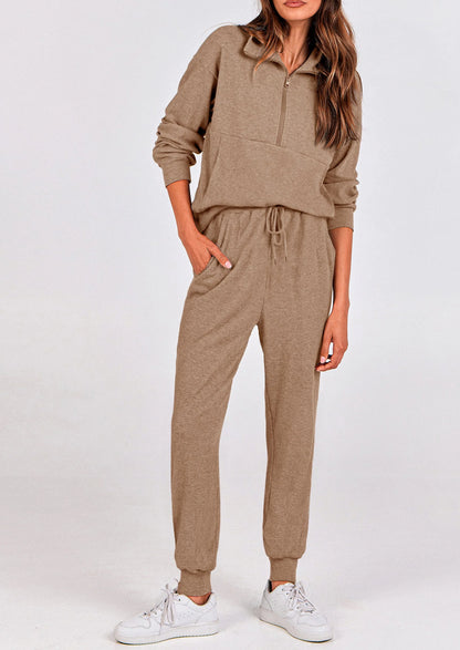 Ensemble 2 pièces cosy — sweat zippé + pantalon jogging assorti, survêtement parfait pour l'automne, l'hiver et les voyages