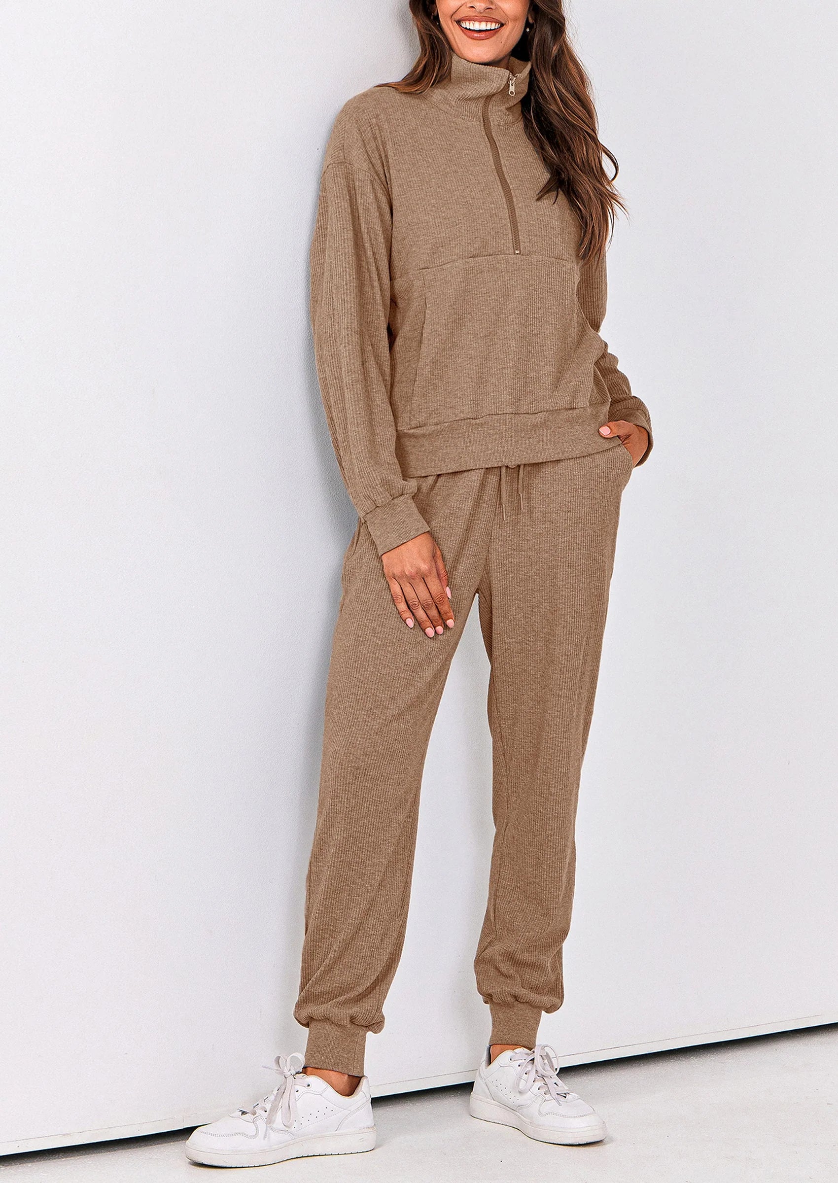 Ensemble 2 pièces cosy — sweat zippé + pantalon jogging assorti, survêtement parfait pour l'automne, l'hiver et les voyages