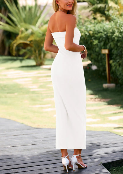 Robe longue moulante côtelée — bustier sans bretelles à fente latérale, élégante pour soirée et sorties